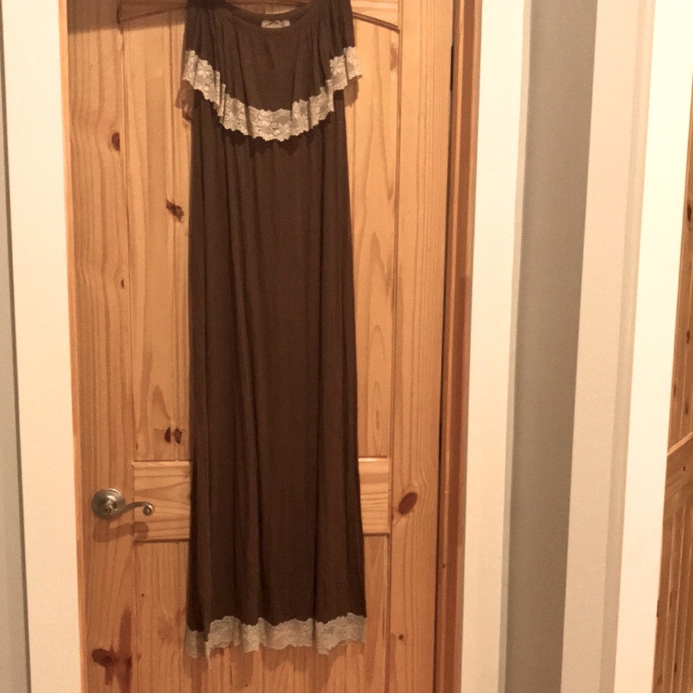 DEJAVU Boho Jersey Maxi Dress Lace Trim Size M Strapless Dress